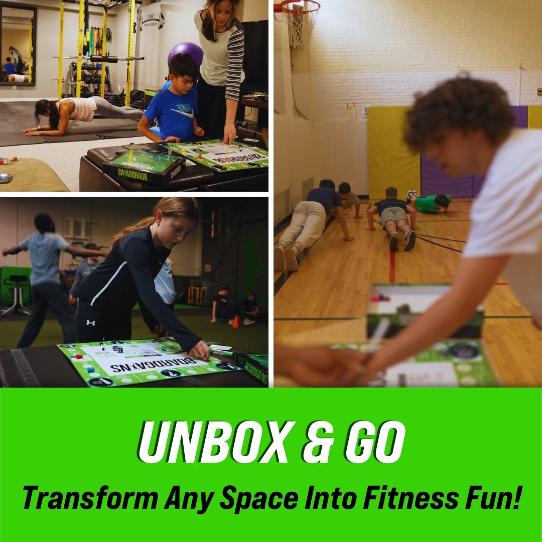 BoardGains Starter Edition in action at home, beach, and gym, showing its versatility to transform any space into a fitness playground with the tagline 'Unbox & Go: Transform Any Space Into Fitness Fun!'