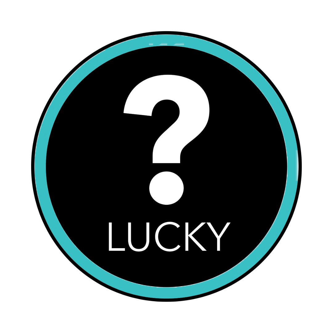A circular graphic with a black center, a large white question mark, the word 'LUCKY' in white at the bottom, and a bright teal ring around the circle on a white background.