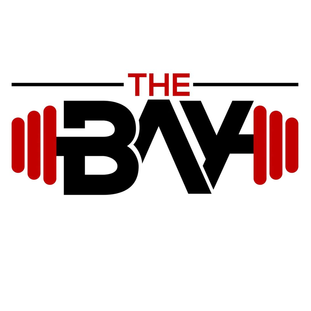 Logo with 'THE BAV' text and red barbell icons on a white background