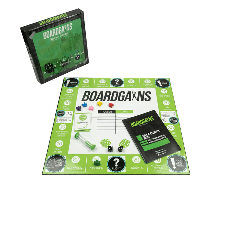 Full Boardgains Game Set - Board, Pieces, and Box Displayed for Complete Fitness Experience